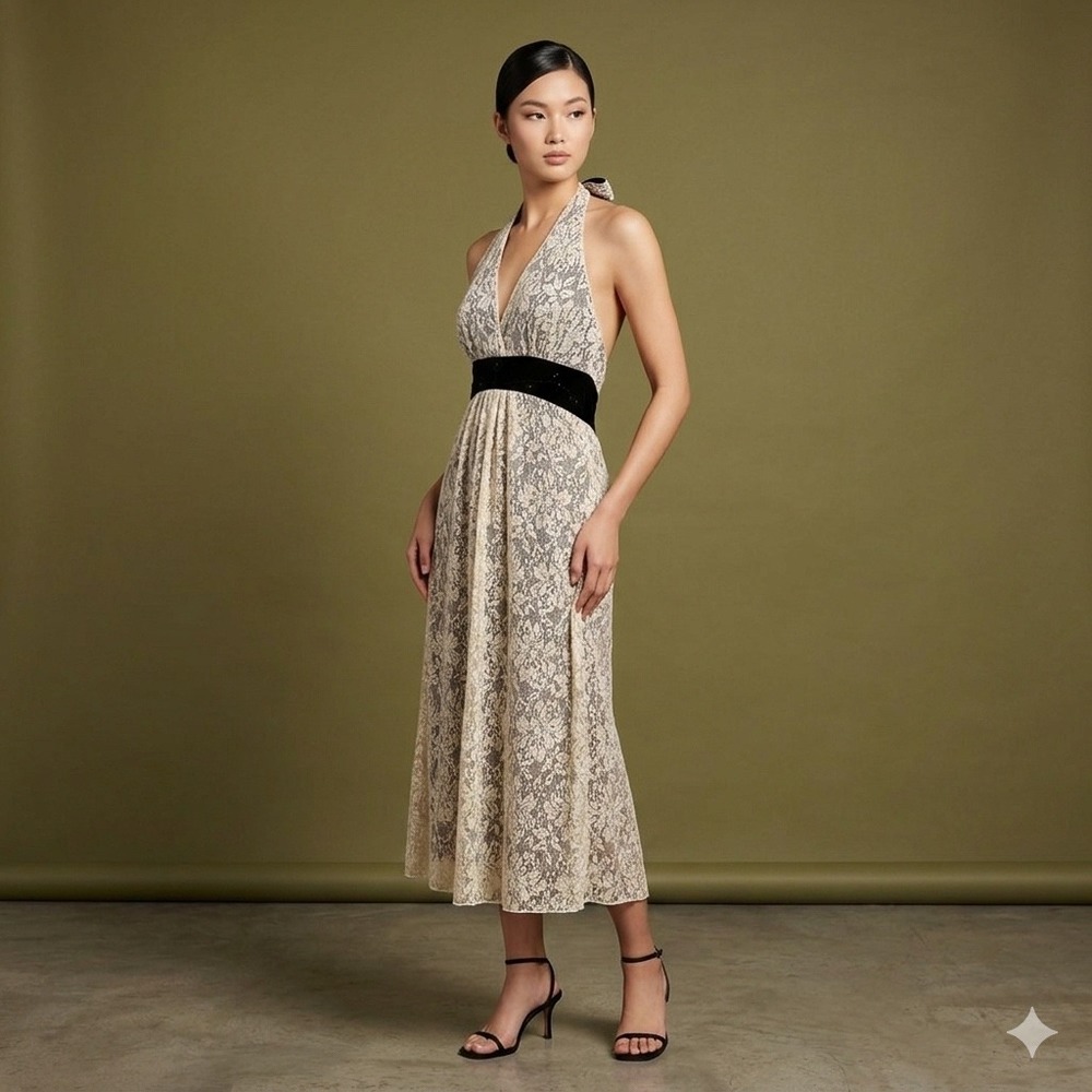 Jonathan Martin Cream Floral Lace Halter Midi Dress Black Velvet Waist Beaded 6